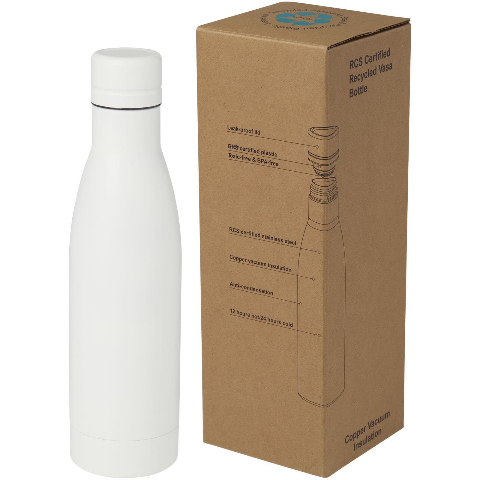 Bouteille isotherme Vasa en acier inoxydable recyclé certifié RCS de 500 ml avec isolation par le vide et couche de cuivre