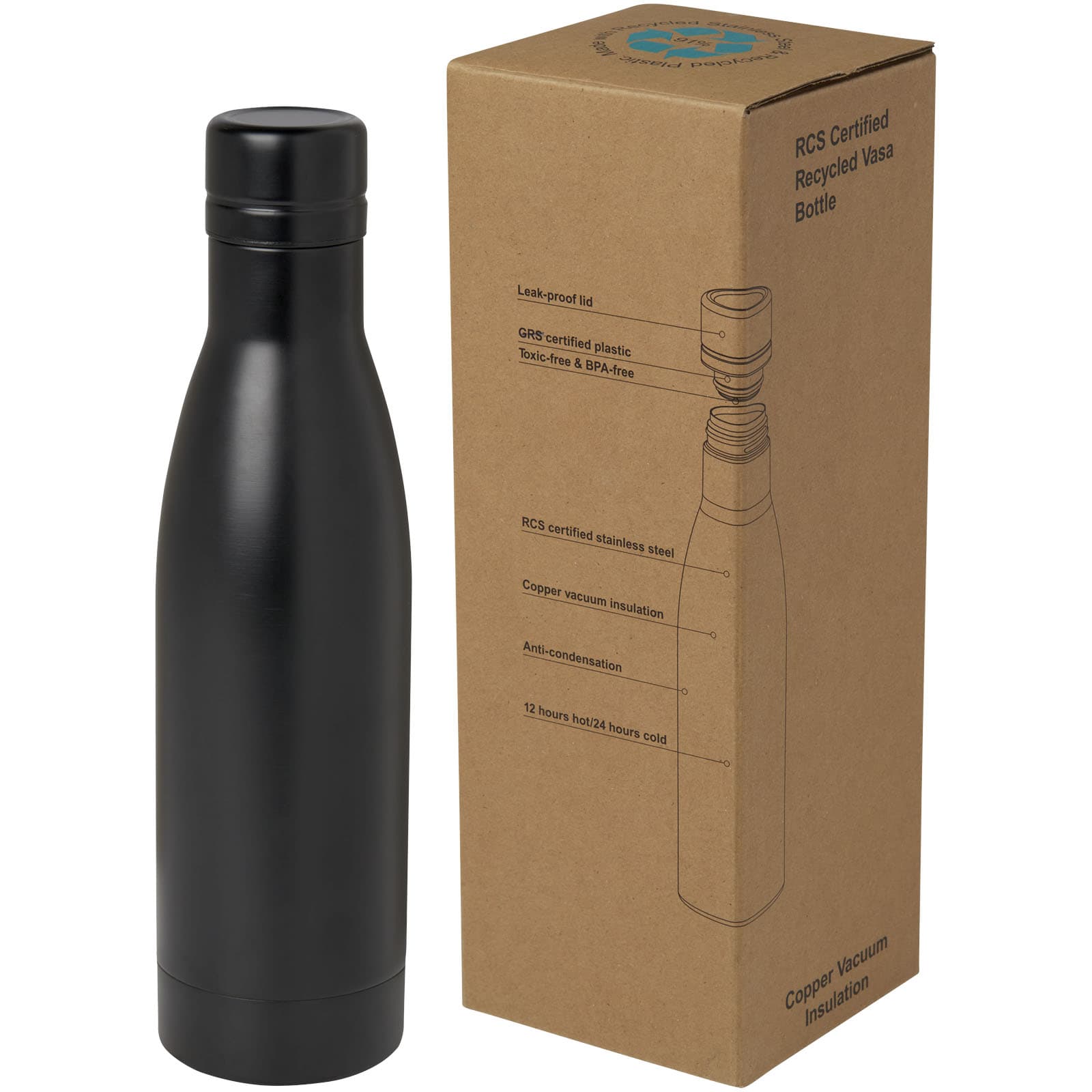 Bouteille isotherme Vasa en acier inoxydable recyclé certifié RCS de 500 ml avec isolation par le vide et couche de cuivre coloris Noir