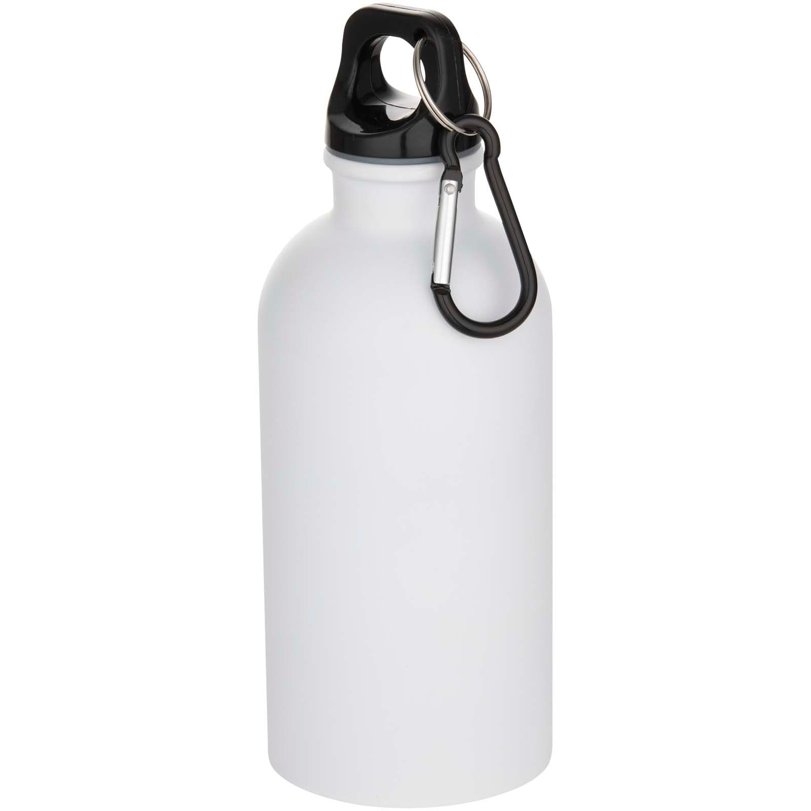 Bouteille d’eau Oregon de 400 ml à simple paroi avec finition MATE, en acier inoxydable recyclé certifié RCS avec mousqueton coloris Blanc