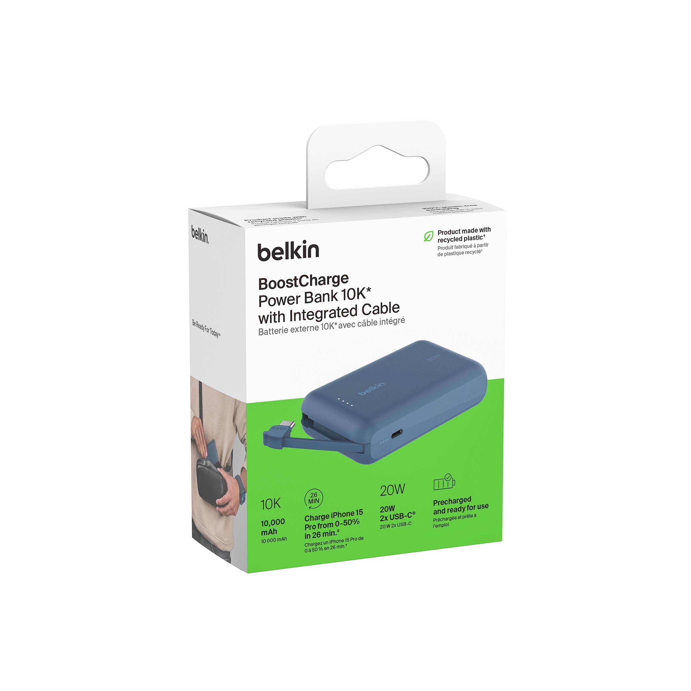 Banque d'énergie Belkin BoostCharge 10K câble intégré en situation