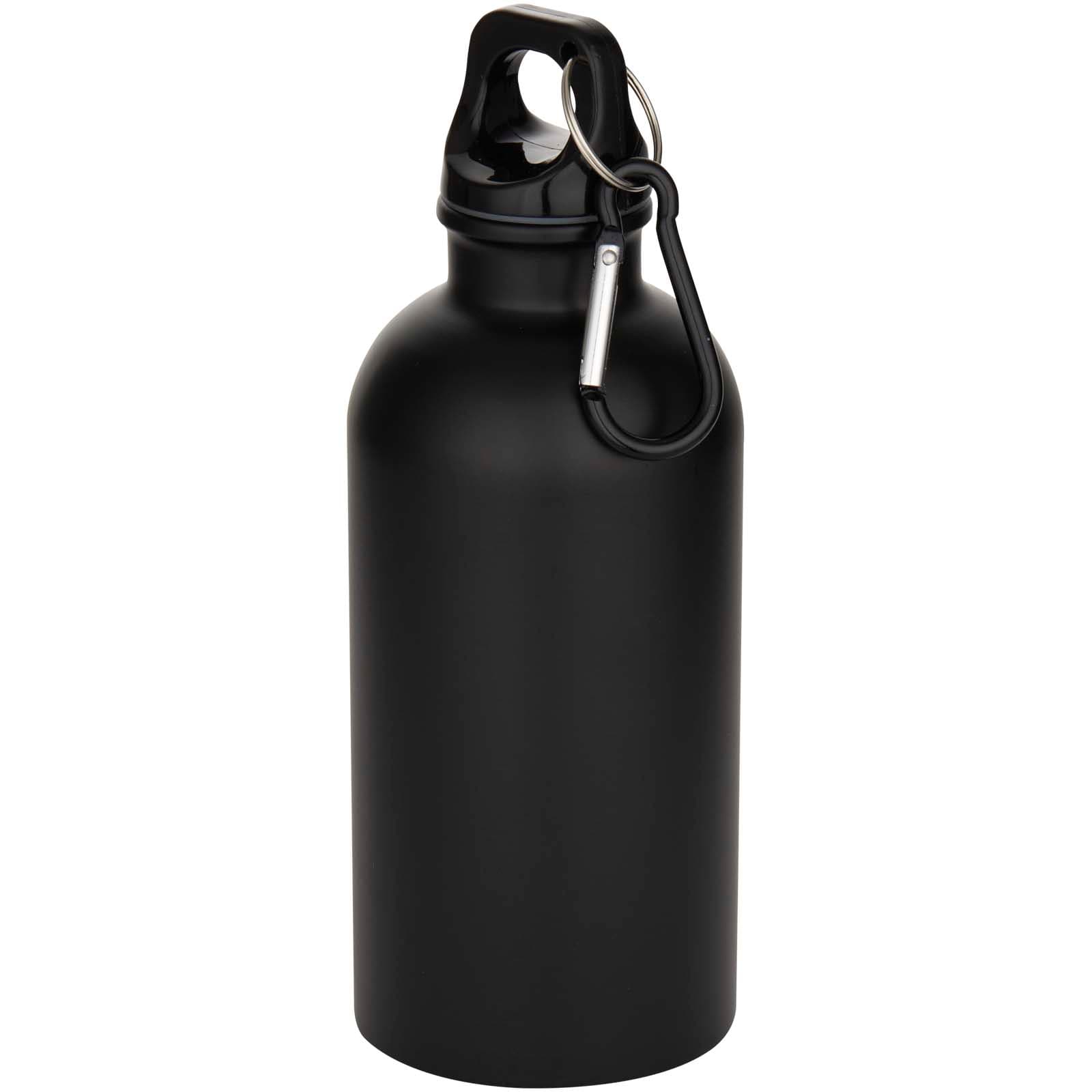 Bouteille d’eau Oregon de 400 ml à simple paroi avec finition MATE, en acier inoxydable recyclé certifié RCS avec mousqueton coloris Noir