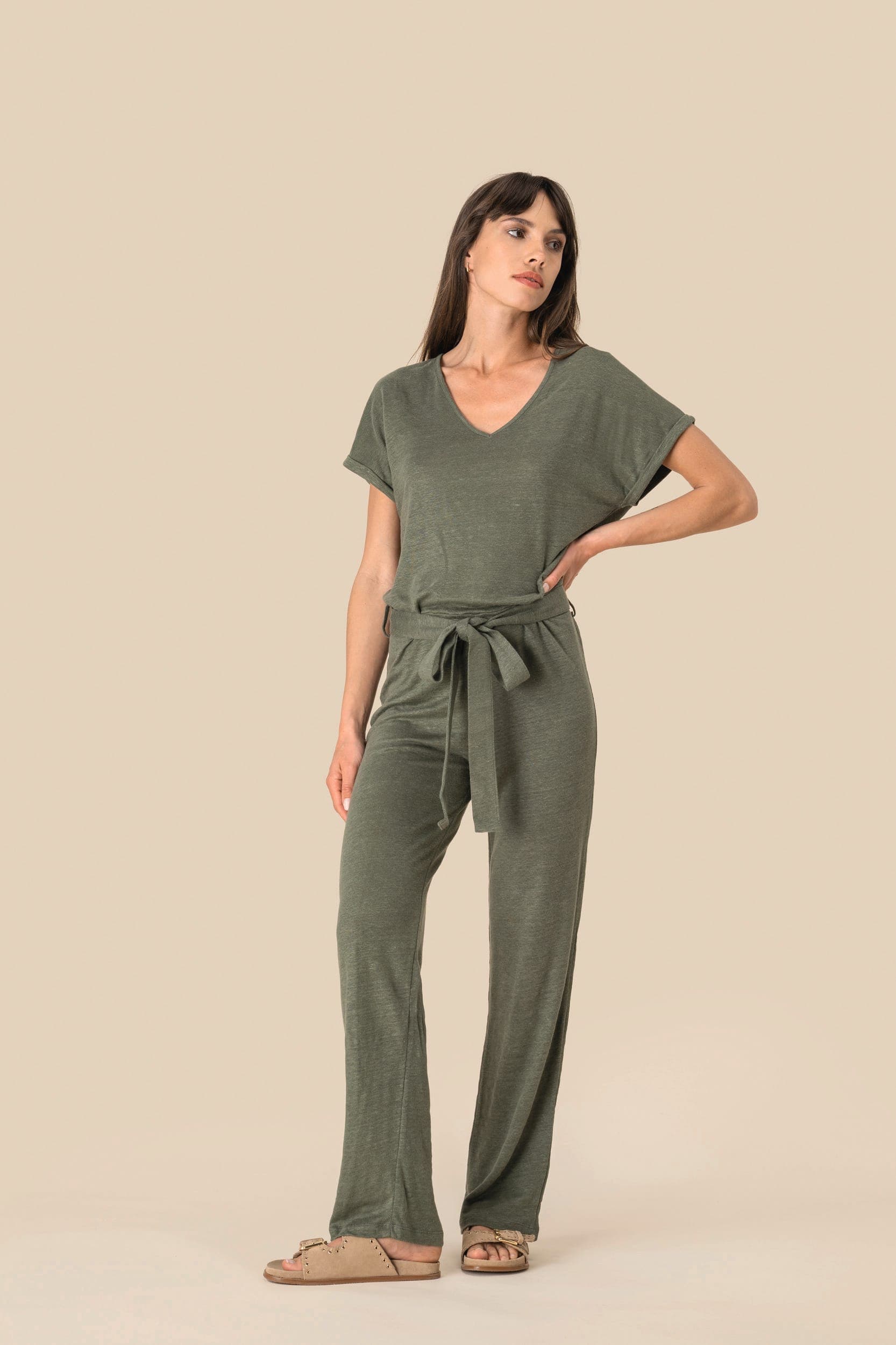 Combinaison en maille manches courtes en lin femme