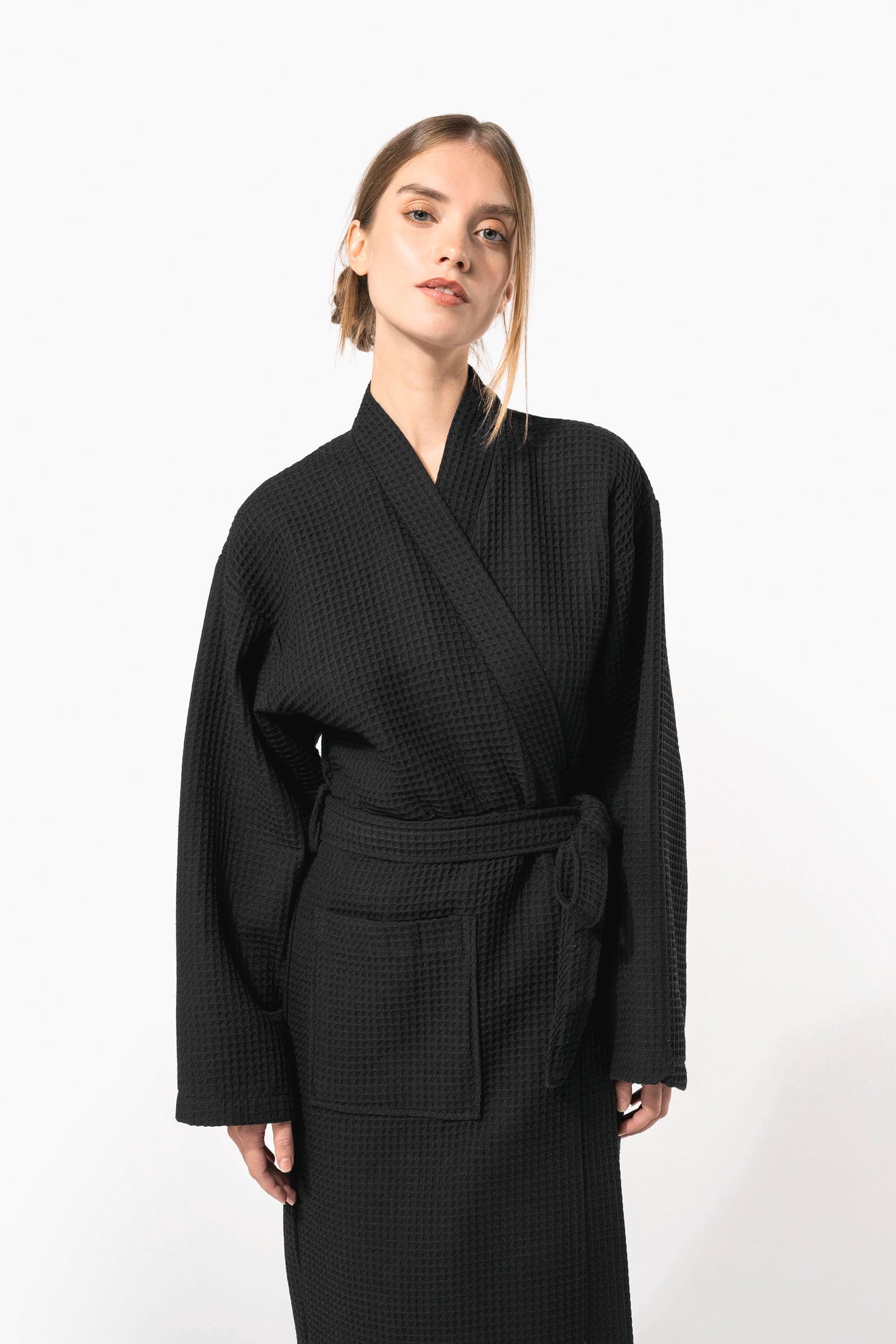 Peignoir kimono nid d'abeille en situation