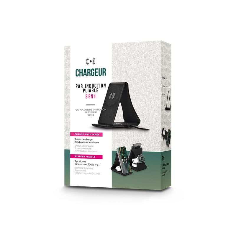 CHARGEUR INDUCTION 3 EN 1 ET SUPPORT PLIABLE EN rPET en situation