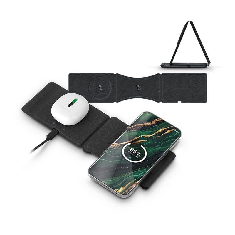 CHARGEUR INDUCTION 3 EN 1 ET SUPPORT PLIABLE EN rPET en situation