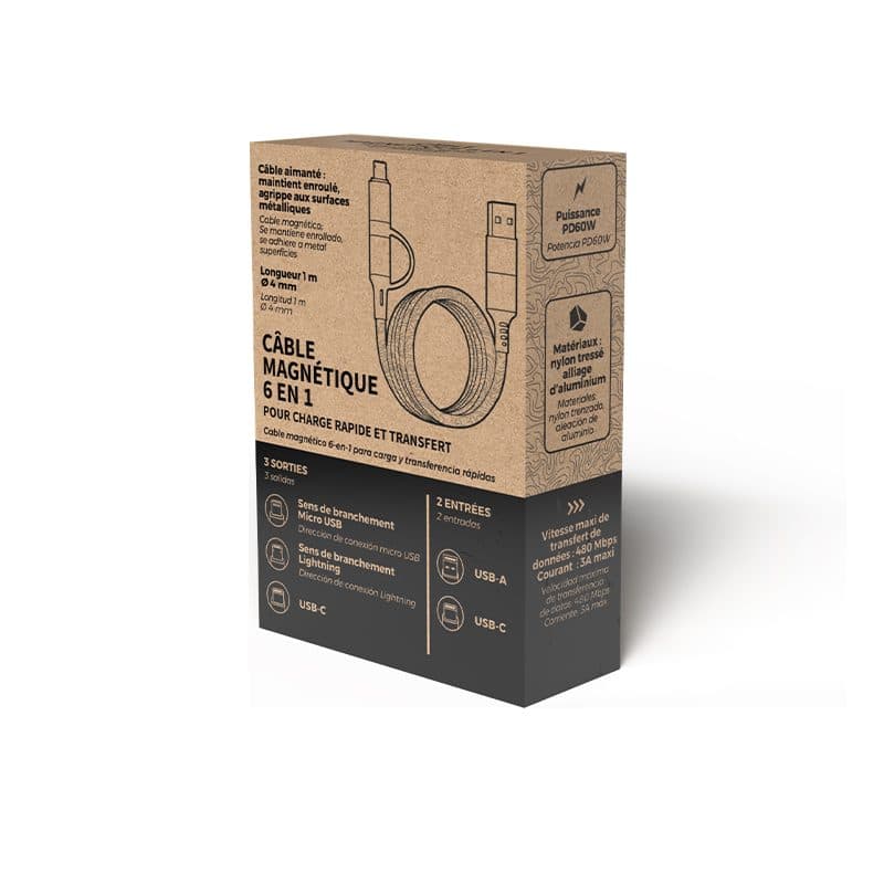CABLE DE CHARGE 6 EN 1 A ENROULEMENT MAGNETIQUE en situation