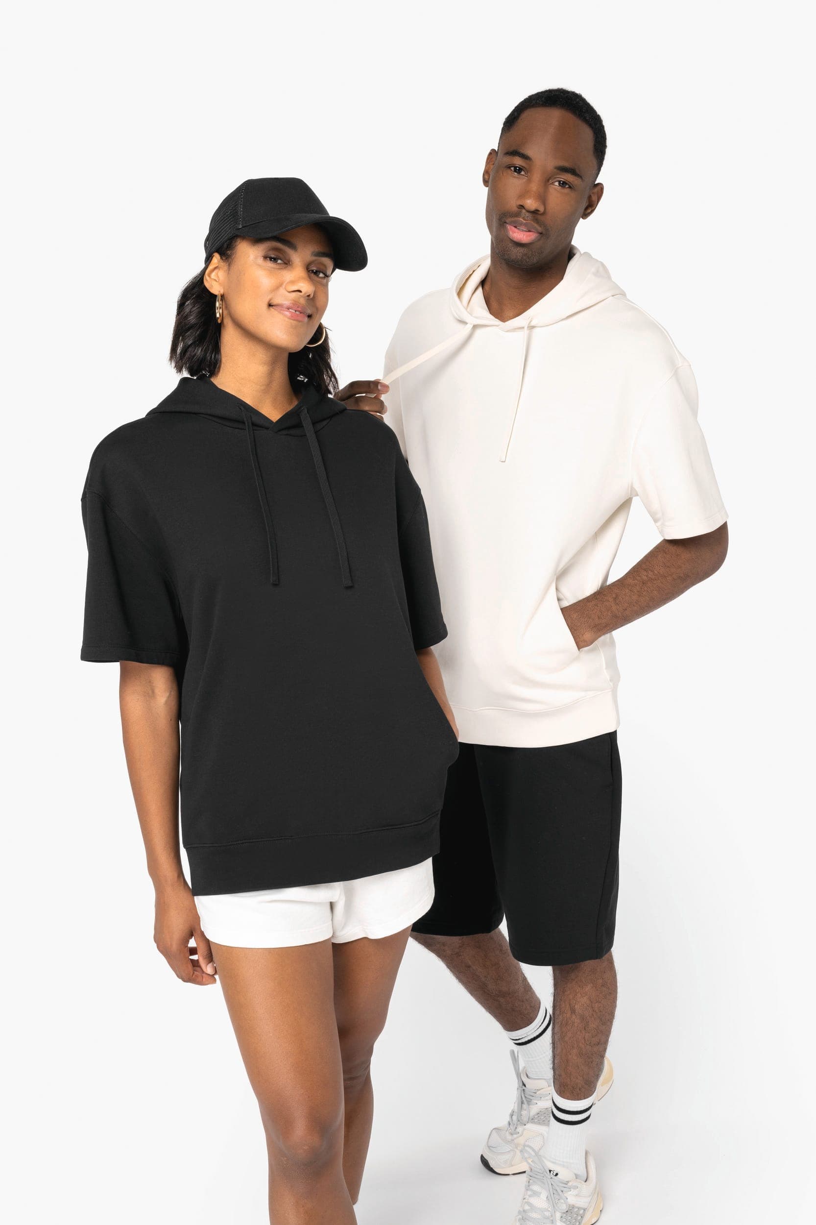 Sweat-shirt écoresponsable à capuche à épaules tombantes manches courtes French Terry unisexe
