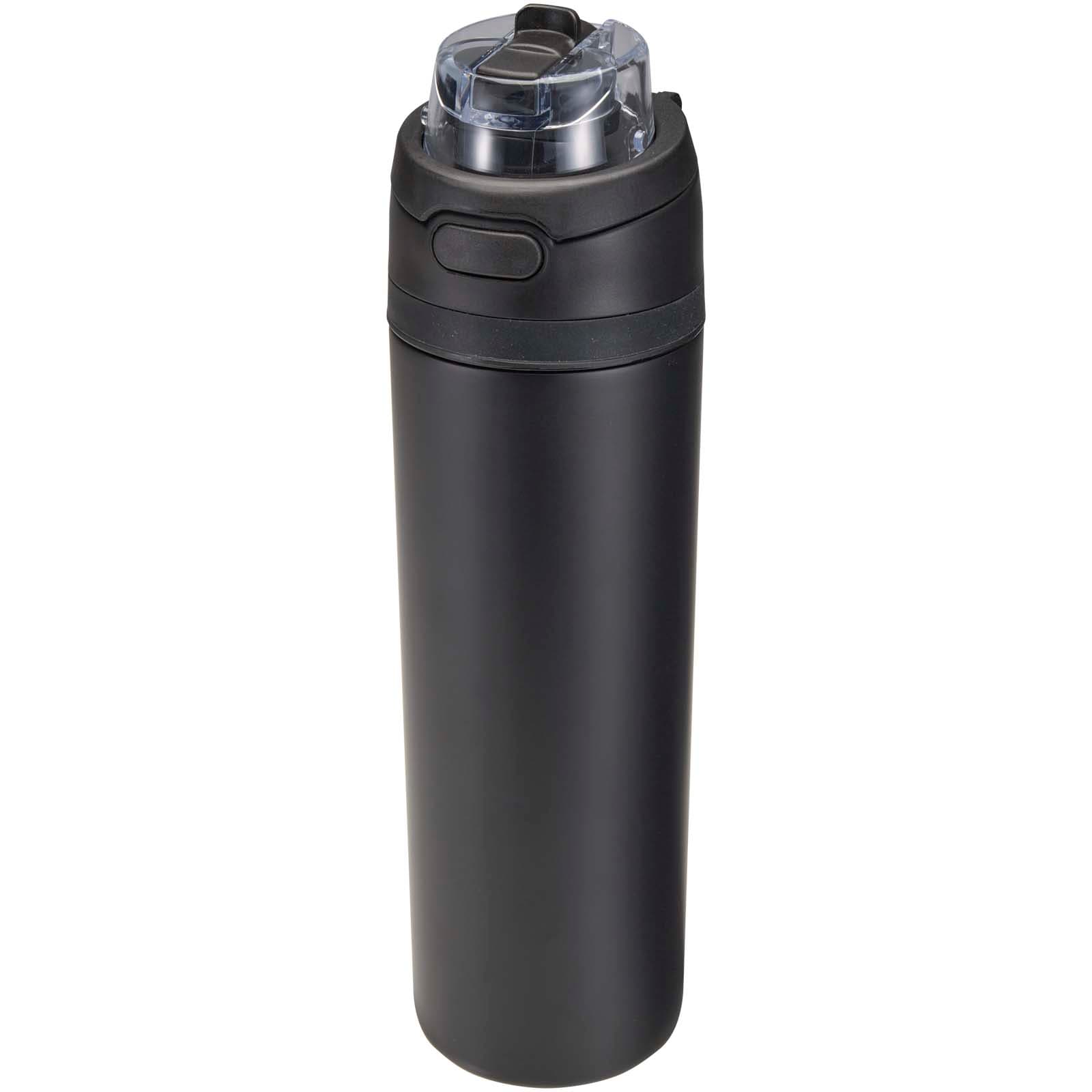 Bouteille d'eau Theron 800 ml en acier inoxydable à simple paroi recyclé RCS, avec bouchon à double fonction et paille rabatt coloris Noir