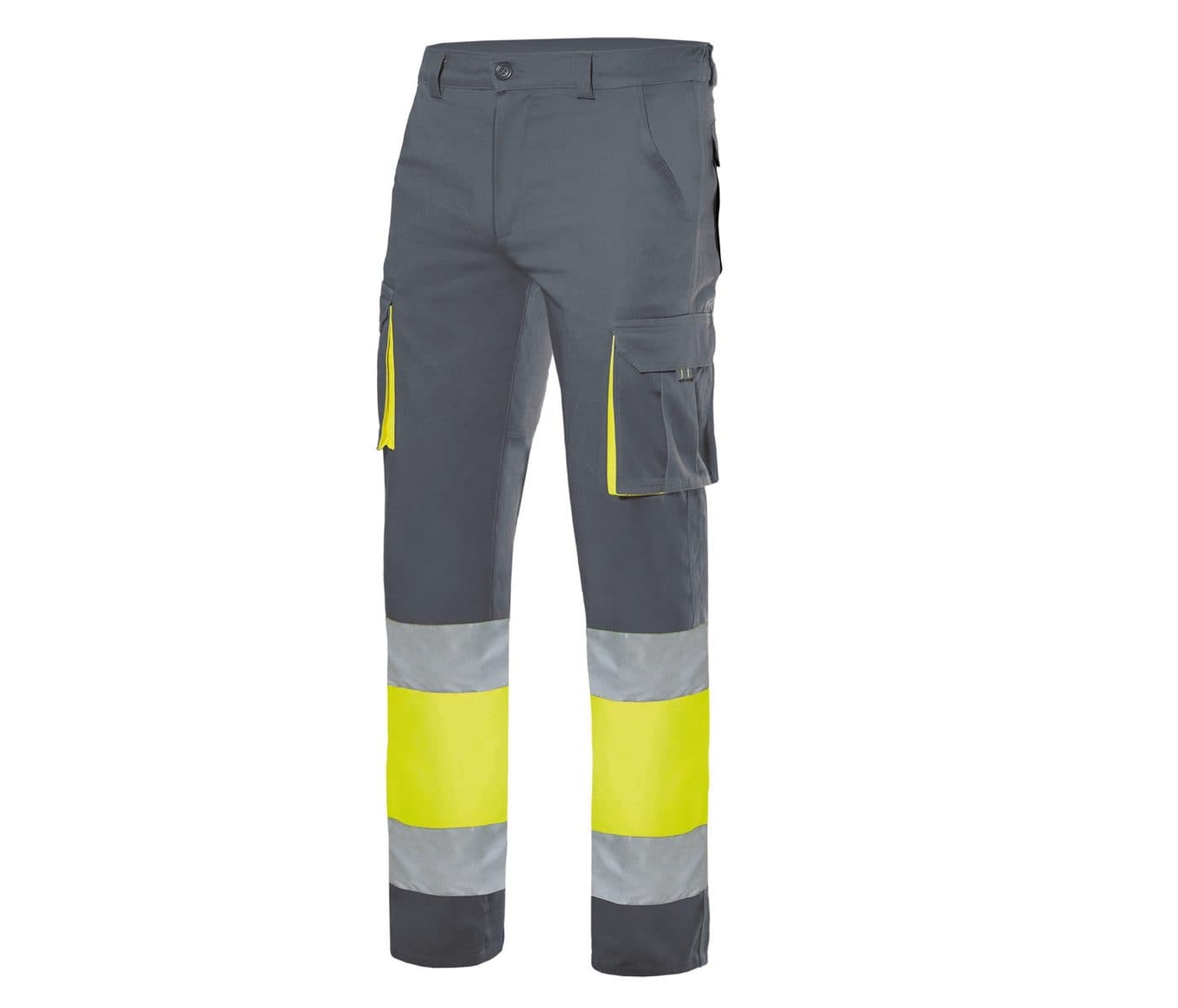 PANTALON STRETCH MULTIPOCHES coloris Gris / Jaune fluo