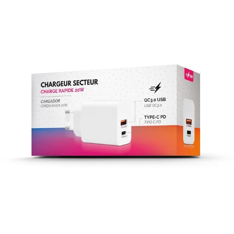 CHARGEUR SECTEUR RAPIDE 20 W SORTIES USB QC3.0 & TYPE-C PD en situation