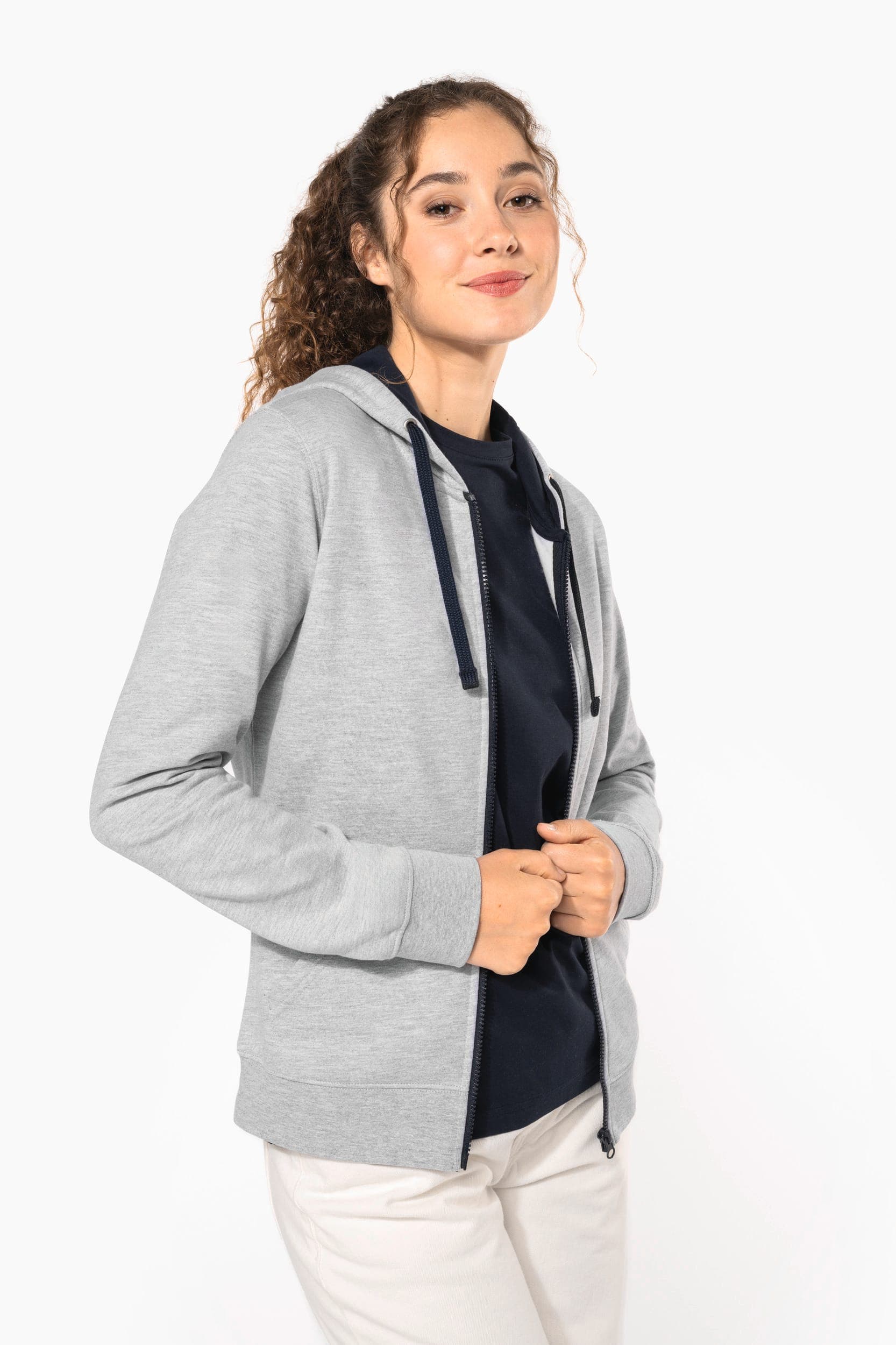Sweat-shirt zippé capuche contrastée femme