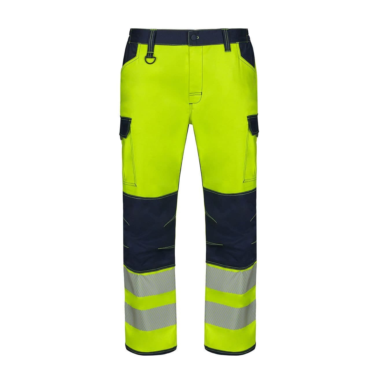 PANTALON STRETCH AVEC GENOUILLÈRES ET BANDES RÉFLÉCHISSANTES coloris Marine / Jaune fluo