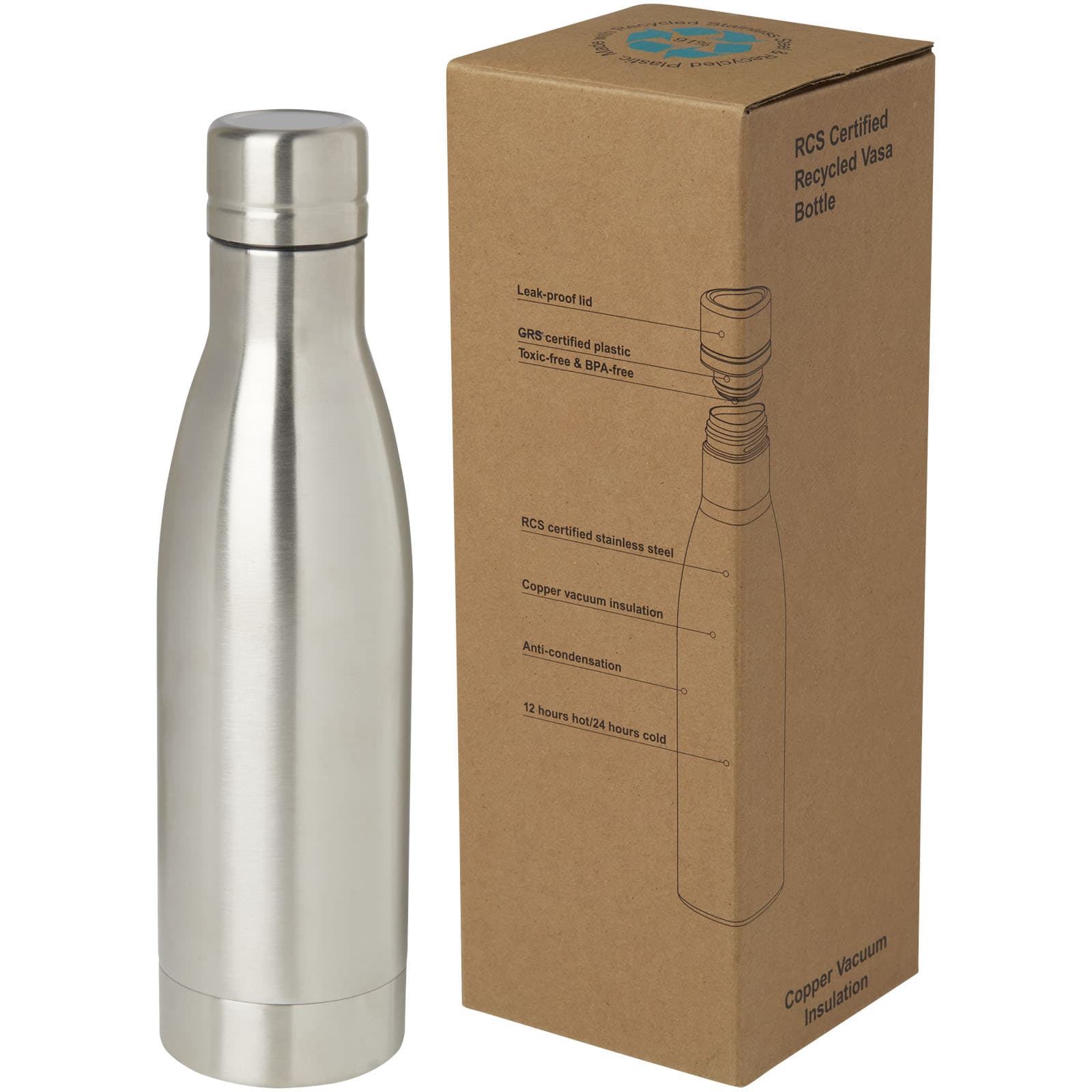 Bouteille isotherme Vasa en acier inoxydable recyclé certifié RCS de 500 ml avec isolation par le vide et couche de cuivre coloris Argent