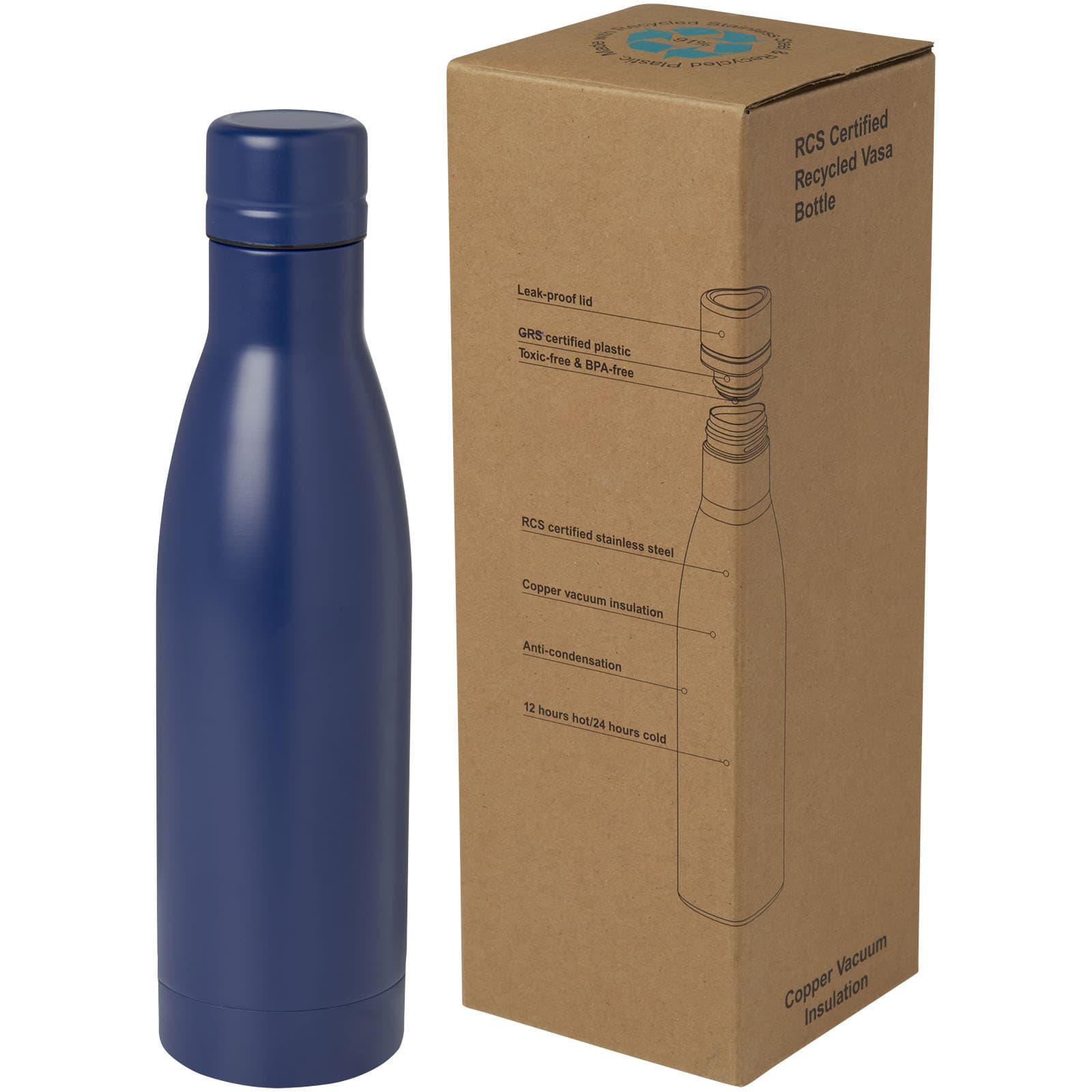 Bouteille isotherme Vasa en acier inoxydable recyclé certifié RCS de 500 ml avec isolation par le vide et couche de cuivre coloris Bleu