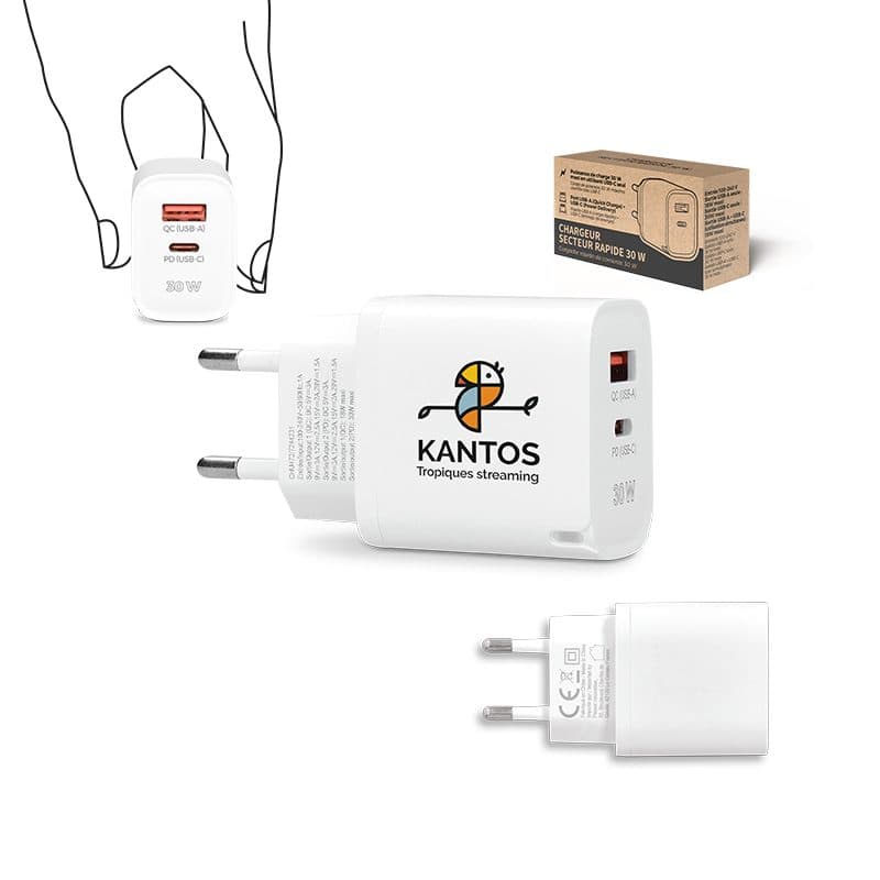 CHARGEUR SECTEUR RAPIDE 30 W SORTIES USB QC & TYPE-C PD