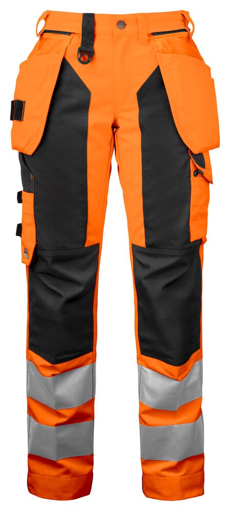 6519 PANTALON DE SIGNALISATION AVEC POCHES AUX GENOUX ET POCHES JEAN EN ISO 20471 CLASSE 2 FEMME coloris Orange / Noir