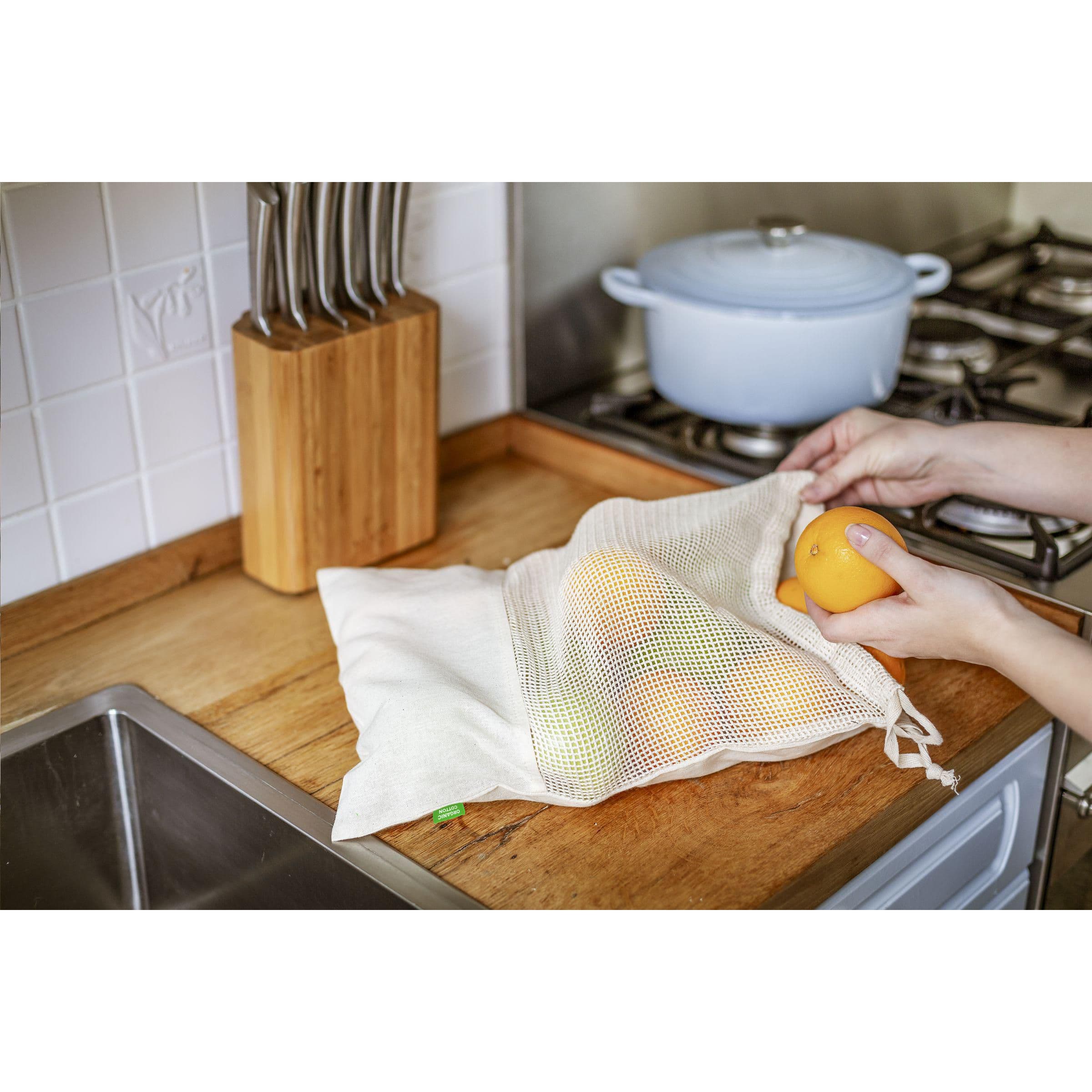 Sac à fruits Natura biologique, filet (120 g/m²) en situation