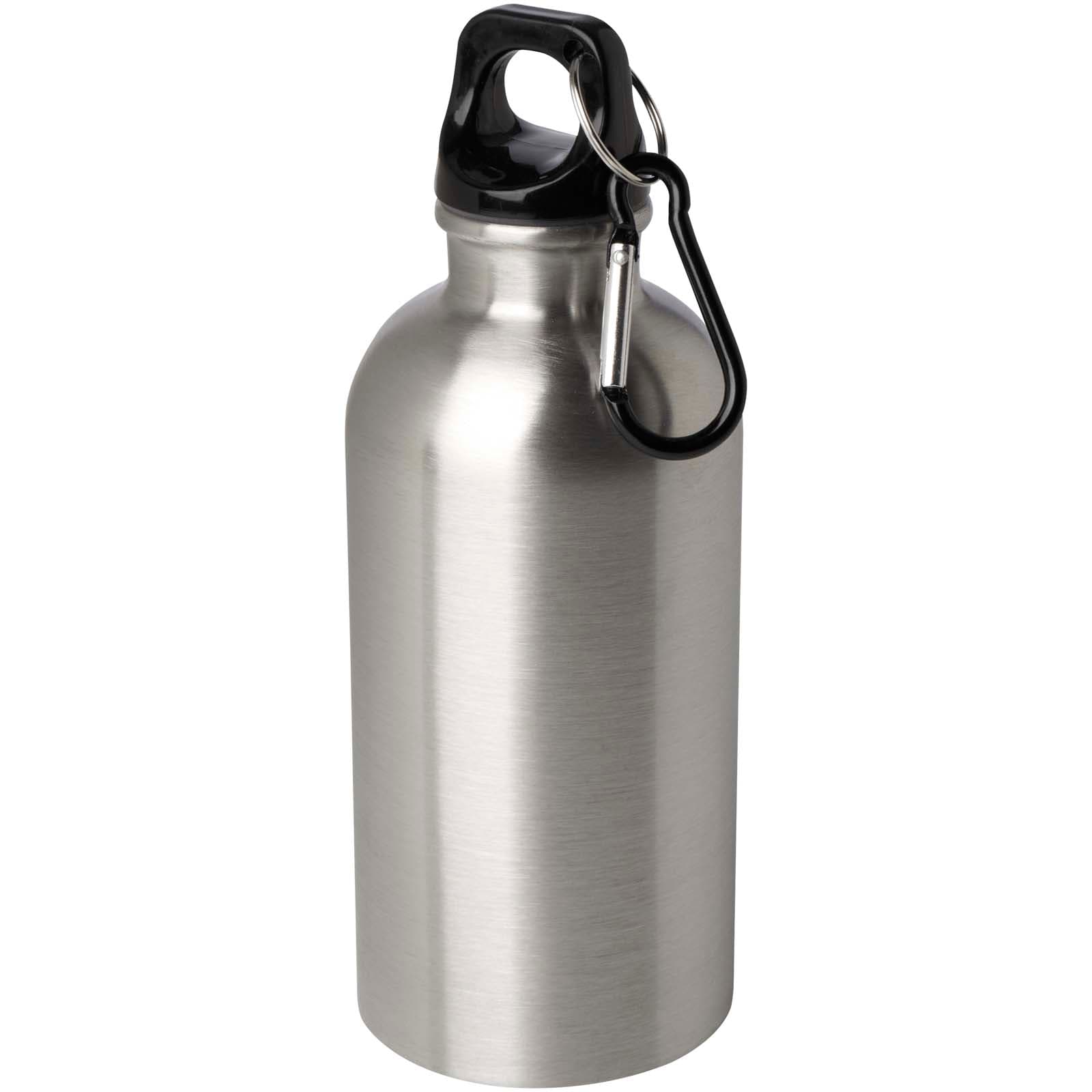 Bouteille d'eau Oregon de 400 ml simple paroi en acier recyclé certifié RCS avec mousqueton coloris Argent