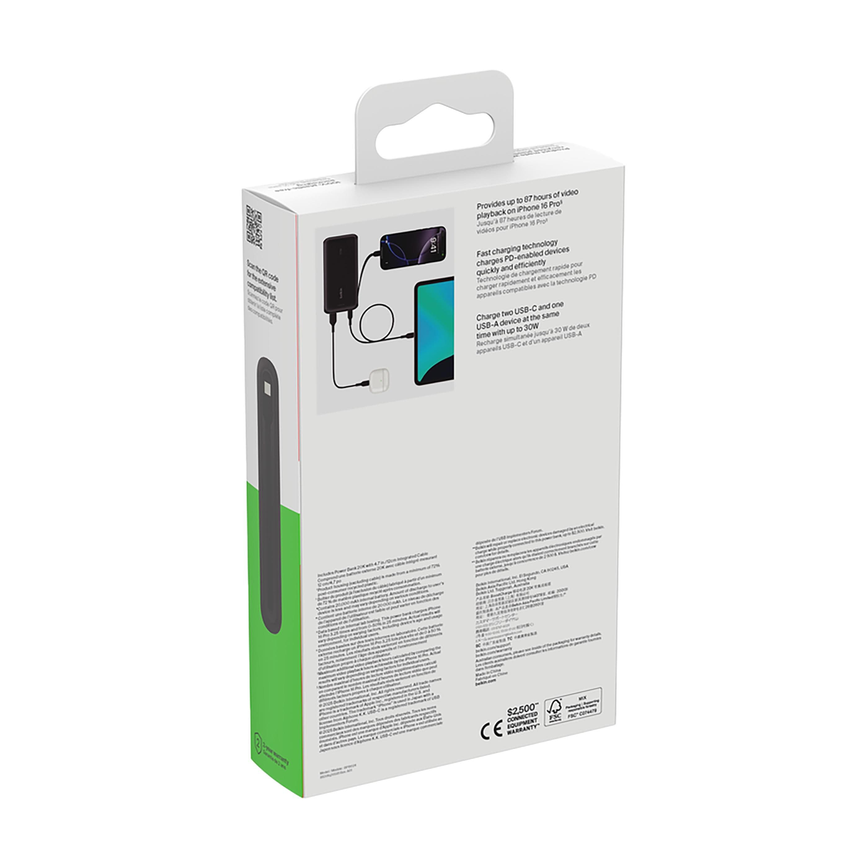 Banque d'énergie Belkin BoostCharge 20K câble intégré en situation