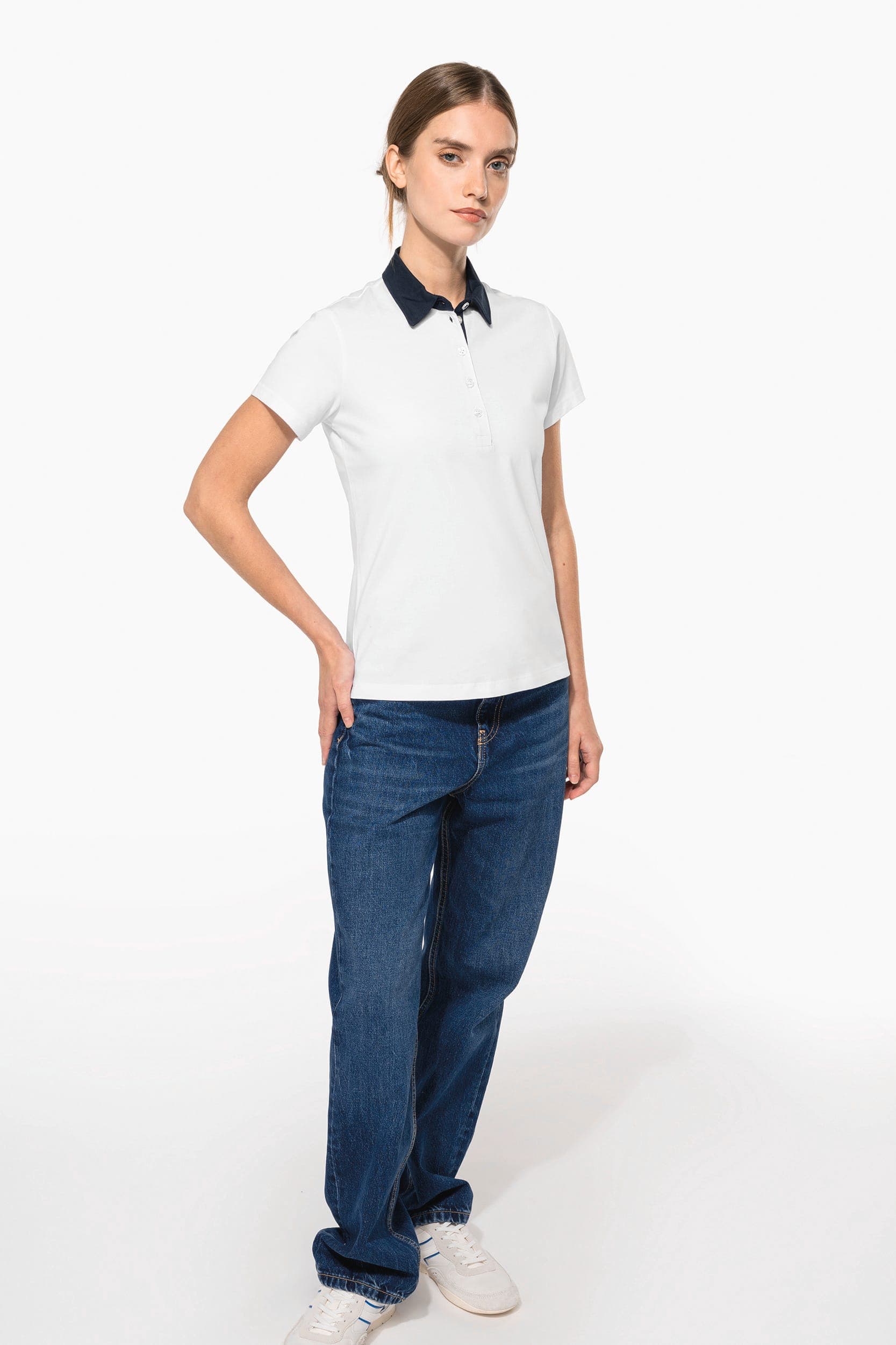 Polo jersey bicolore femme en situation