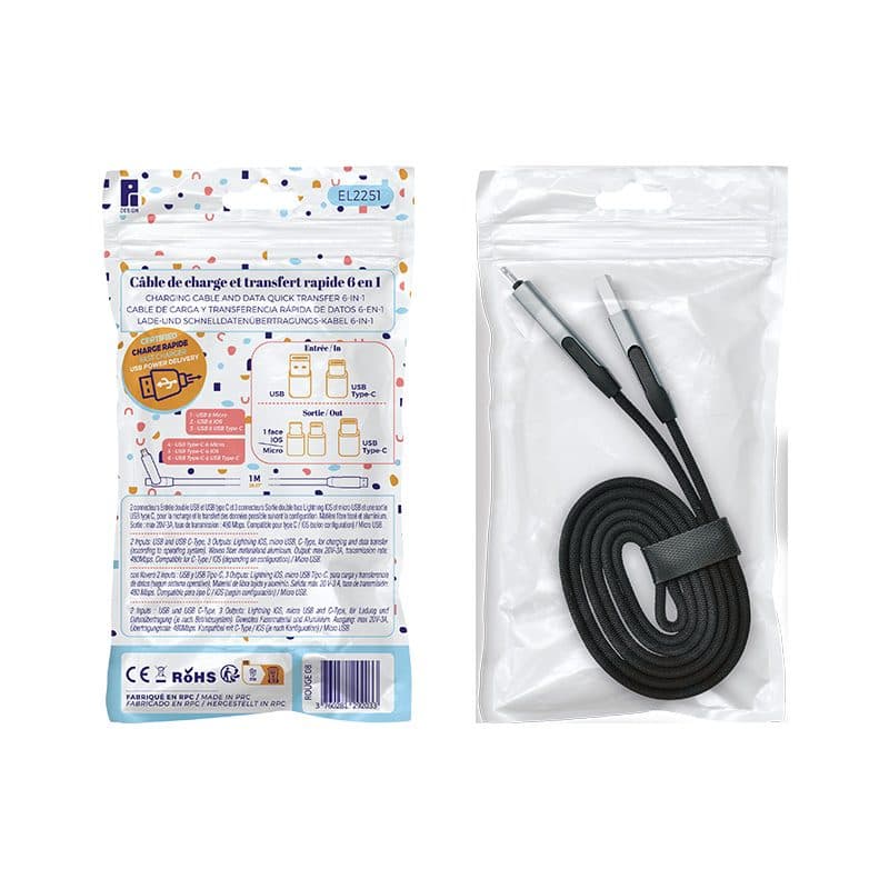 CABLE DE CHARGE RAPIDE ET TRANSFERT  6 EN 1 en situation