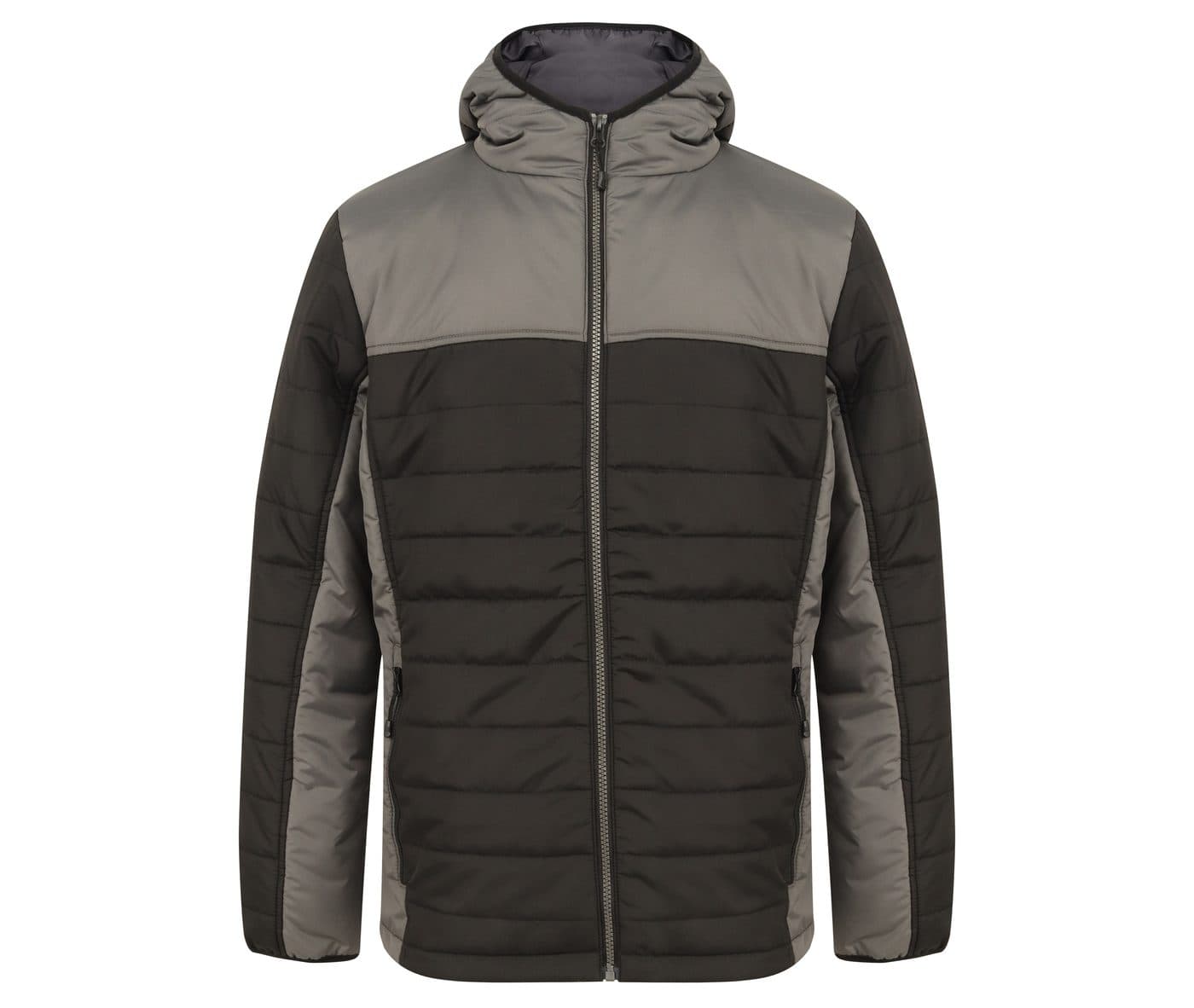 HOODED CONTRAST PUFFER JACKET coloris Noir / Gris canon de fusil