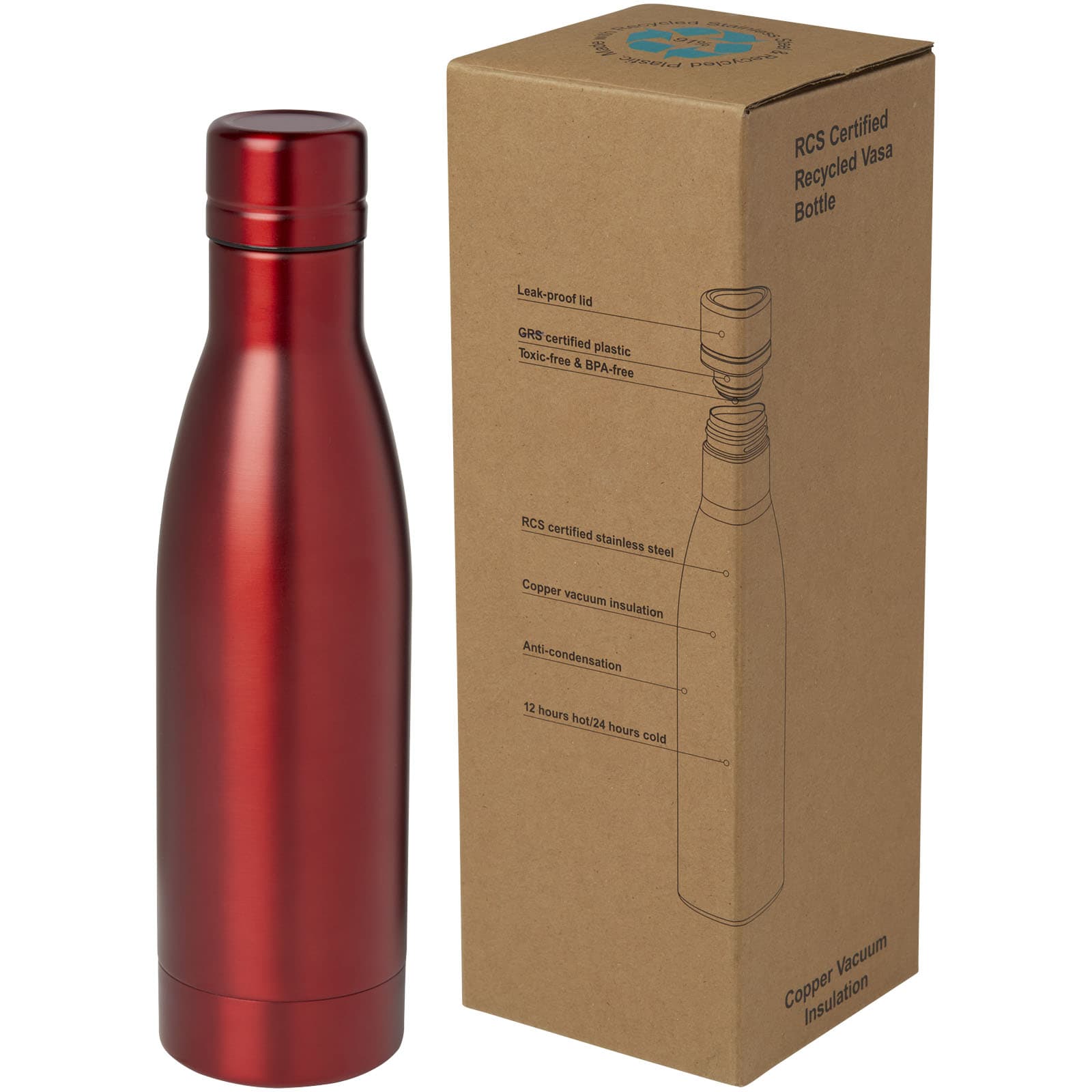 Bouteille isotherme Vasa en acier inoxydable recyclé certifié RCS de 500 ml avec isolation par le vide et couche de cuivre coloris Rouge
