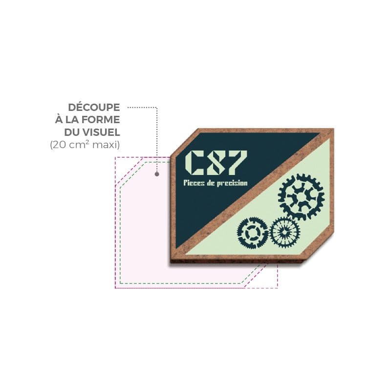 BADGE SUR-MESURE MDF EP 3 mm AVEC AIMANT MAXI 20 cm2 en situation