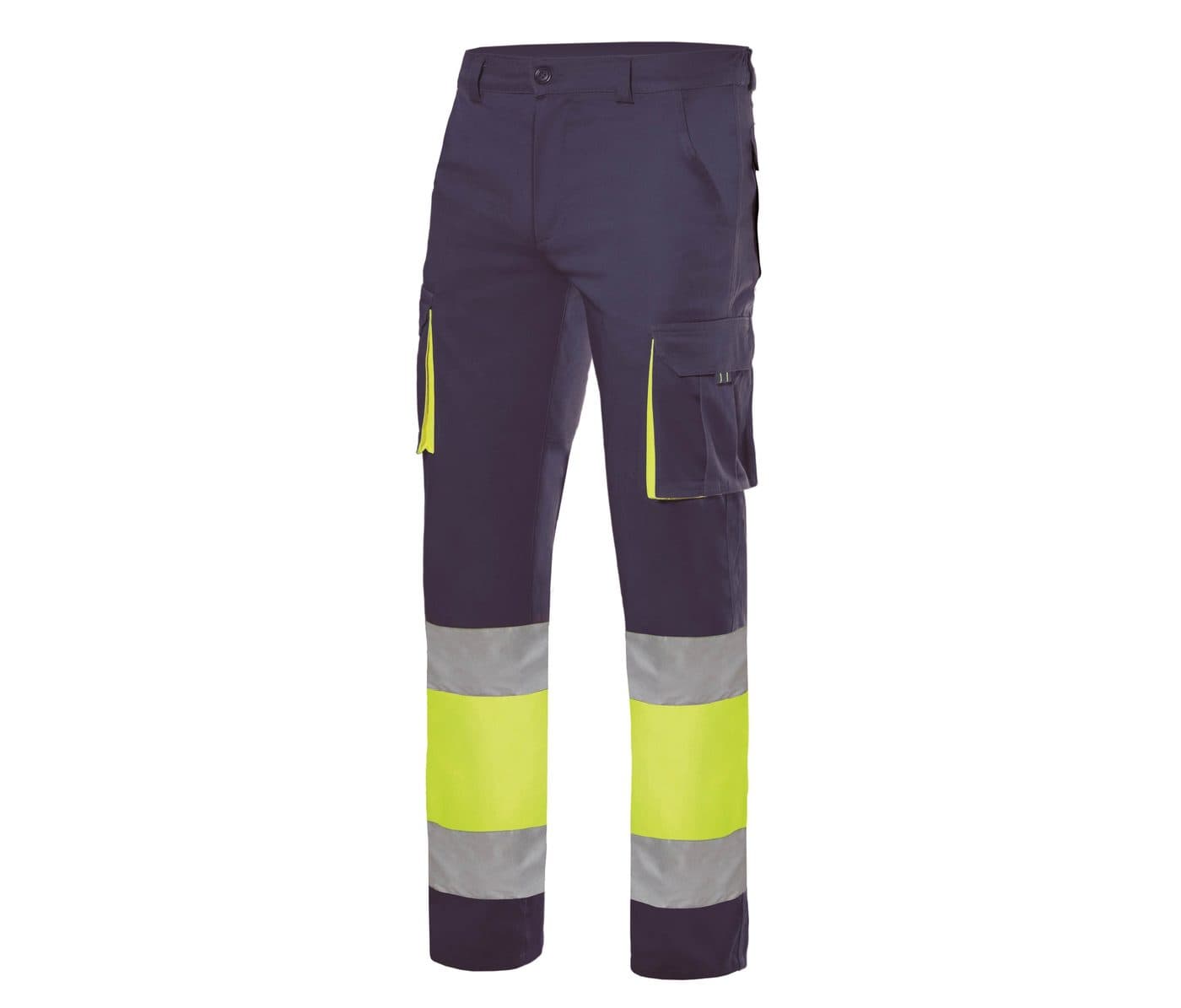 PANTALON STRETCH MULTIPOCHES coloris Marine / Jaune fluo