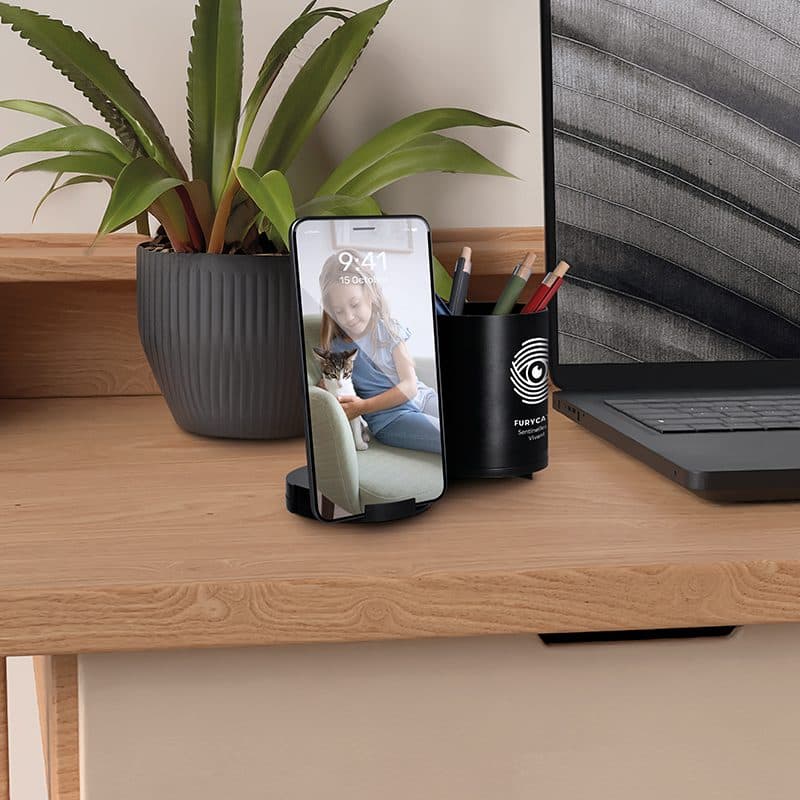 CHARGEUR PAR INDUCTION 10W AVEC FONCTION HUB ET POT A CRAYONS EN rAlu en situation
