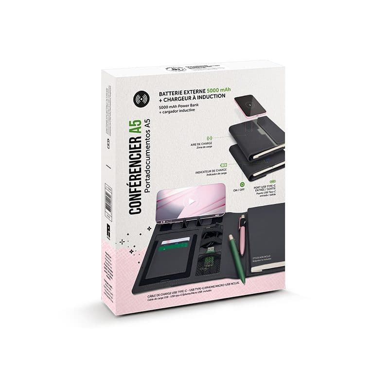 CONFERENCIER A5 AVEC CHARGEUR A INDUCTION ET BATTERIE 5000 mAh en situation