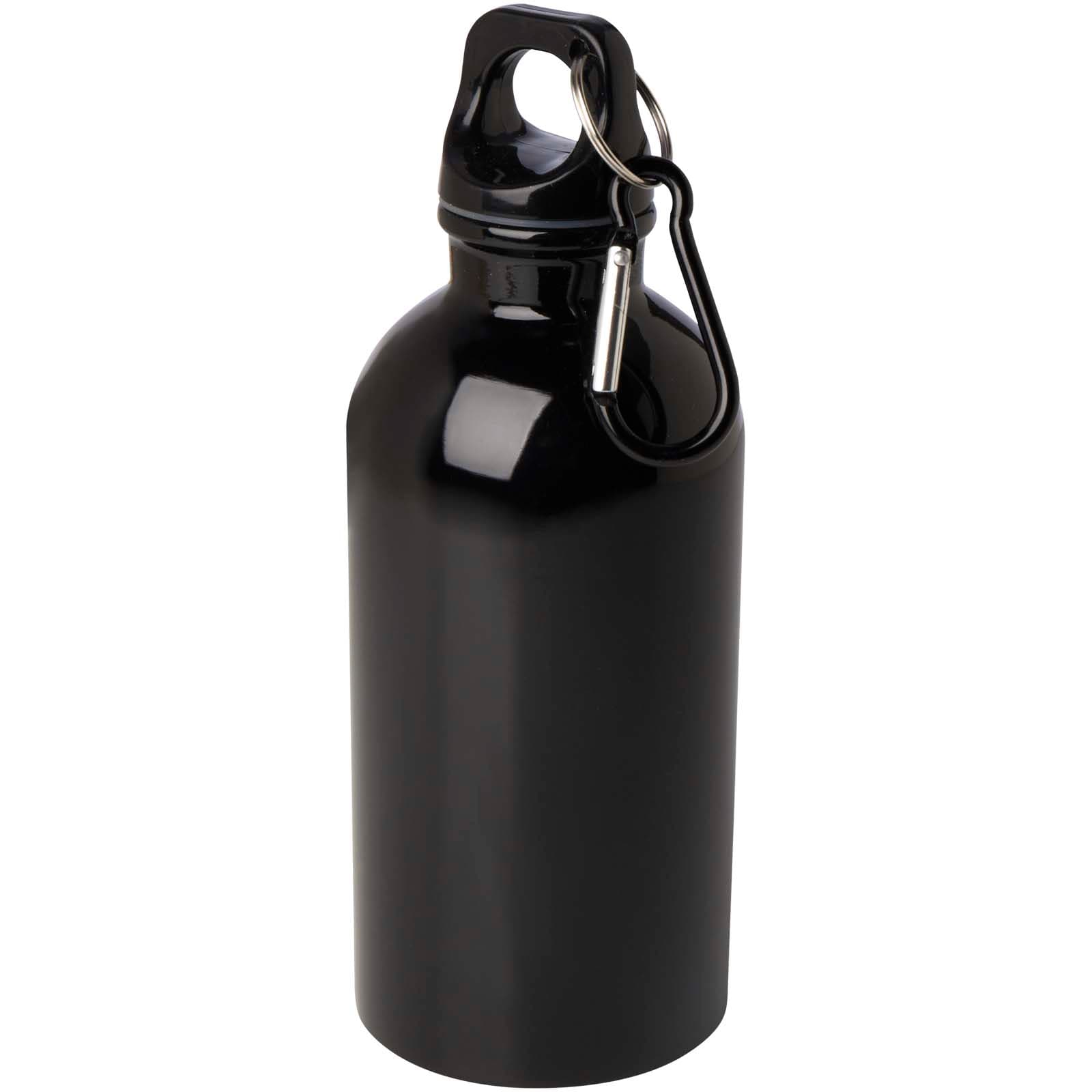 Bouteille d'eau Oregon de 400 ml simple paroi en acier recyclé certifié RCS avec mousqueton coloris Noir