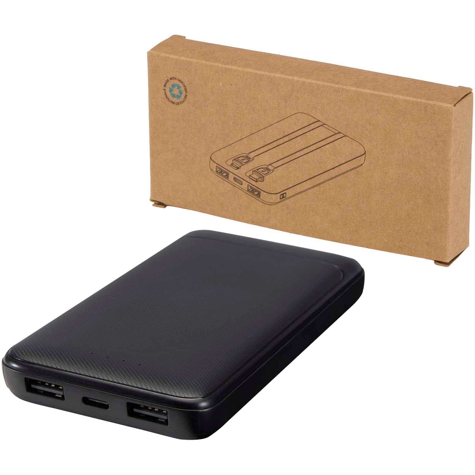 Batterie de secours Adhil de 10 000 mAh et 10 W en plastique recyclé avec 2 câbles intégrés coloris Noir