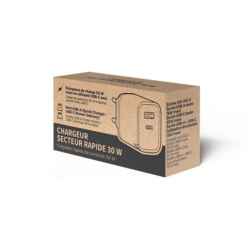 CHARGEUR SECTEUR RAPIDE 30 W SORTIES USB QC & TYPE-C PD en situation