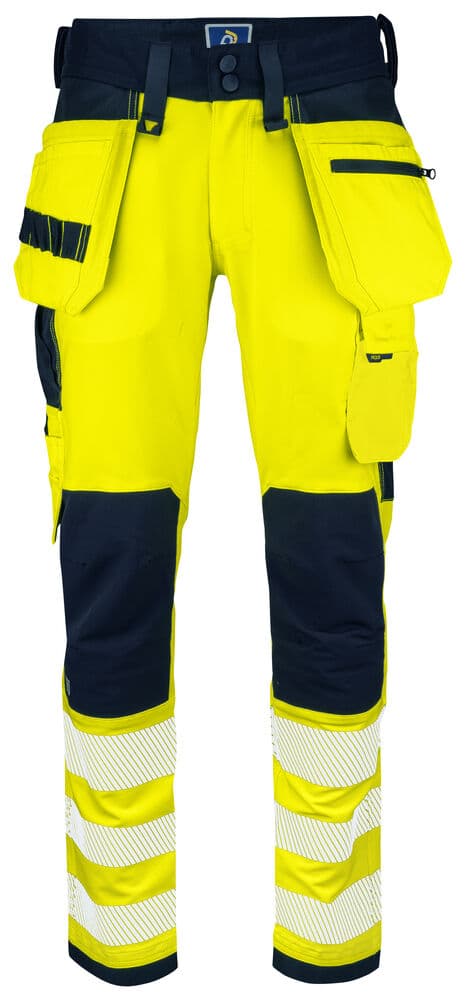 6573 PANTALON STRETCH DE SIGNALISATION AVEC POCHES AUX GENOUX ET POCHES JEAN EN ISO 20471 CLASSE 2 coloris Jaune / Marine