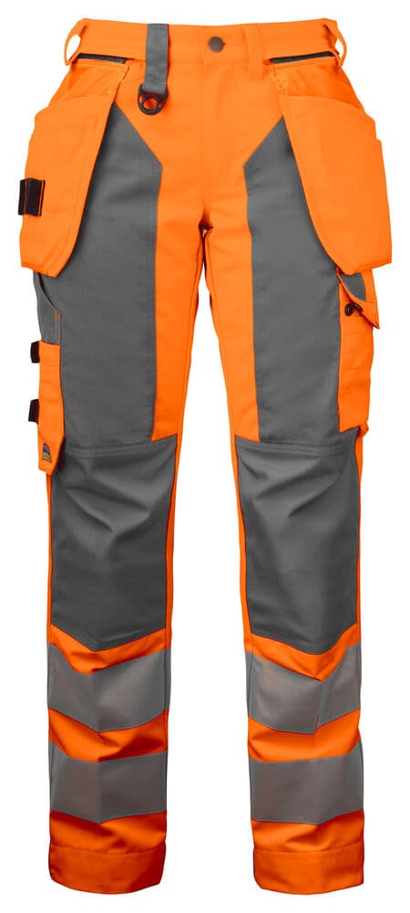6519 PANTALON DE SIGNALISATION AVEC POCHES AUX GENOUX ET POCHES JEAN EN ISO 20471 CLASSE 2 FEMME coloris Orange / Gris