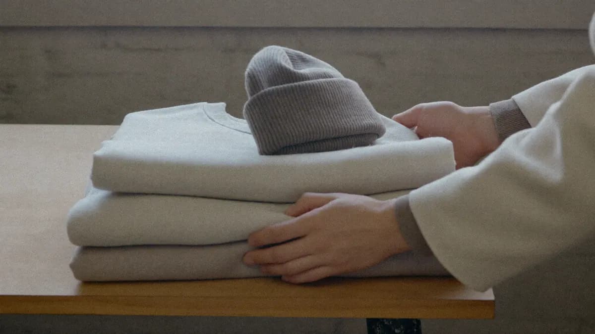Mains rangeant des sweats unis pliés et un bonnet gris sur une table en bois d'atelier, près d'une fenêtre